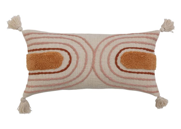 Pillow Lumbar Cotton Tufted Embroidered with Tassels Pink & Orange 12"x 24"