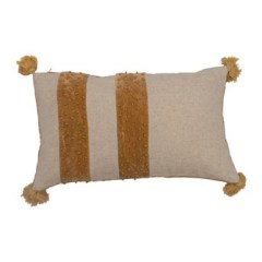 Lumbar Pillow - Cotton w/French Knots & Tassels & Velvet Stripes Natural & Mustard