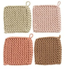 Potholder - Square Cotton Crocheted - Pink, Blood orange, Brown, Tan