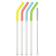 Drinking Straws - Glass - Straws w/ Silicone Tips & Cleaning Brush 4 Piece Set