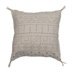Throw Pillow Square Cotton Embroidered w/Piping & Tassels 18" Natural & Rust